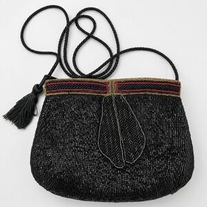 Bonwit Teller Vintage Beaded Crossbody Bag Black Red Gold Tassel Evening Purse
